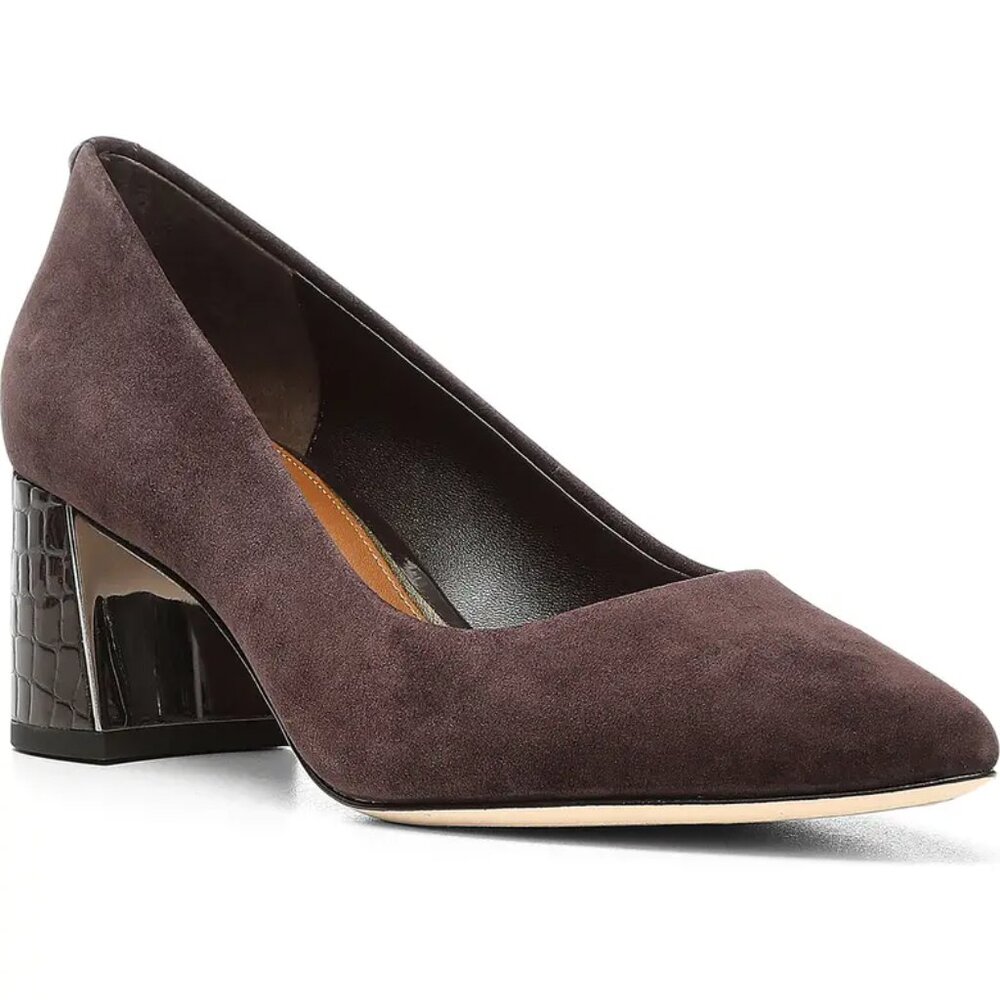 Donald J Pliner Suzette Pointed Toe Dark Brown Suede Block Heel Pump Size 8.5